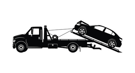 Obraz premium A black silhouette of a tow truck transporting a damaged vehicle on a ramp silhouette