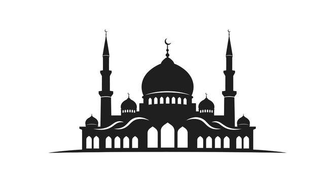 A striking black silhouette of an islamic mosque with ornate minarets and domes silhouette