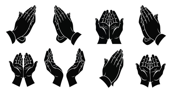 A collection of eight black praying hands in various positions showcasing a distinct silhouette