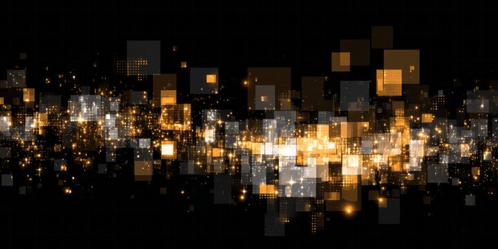 Digital lights and squares create abstract futuristic glowing cityscape.