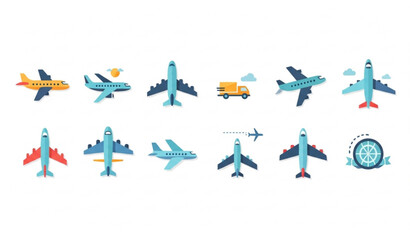 Colorful airplane icon set in flat style for travel tourism and aviation concepts © mdmasud