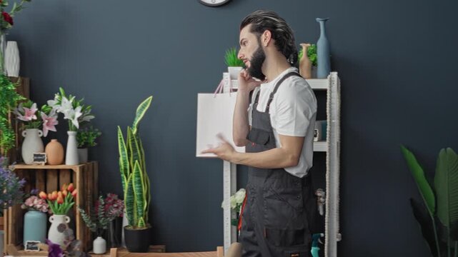 Man florist in apron and beard holds smartphone to ear while arranging bouquets and potted plants on a counter in studio; calm focus.