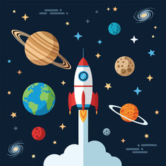 Vibrant cartoon rocket blasts off into starry cosmos with planets © Ucup