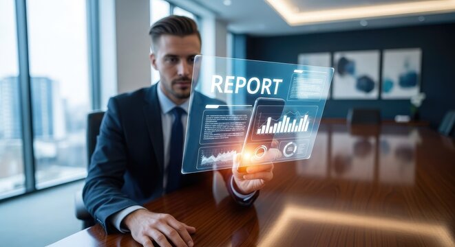 A focused businessman analyzes a futuristic holographic report projection showcasing data driven decision making in a modern office setting