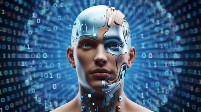 Futuristic male cyborg head with integrated mechanical parts and blue binary code background