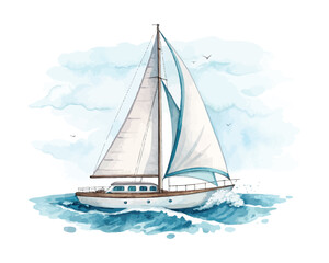 Fototapeta premium Watercolor Sailboat Clipart, Sea Travel Boat Illustration, Isolated on White