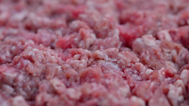 Detailed macro view of ground beef, High detail shot of moist pink minced meat with marbling, Close examination revealing fatty granules and frost on ground beef surface