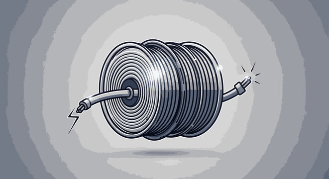Industrial coiled metal cable with electrical sparks on grey background