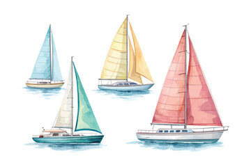 Fototapeta premium set of Watercolor Sailboat Icon, Ocean Transport Clipart, vector illustration Isolated on White background
