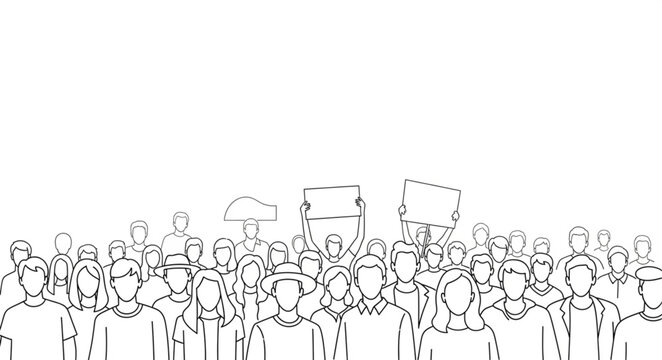 Illustration of a large crowd of people protesting with signs.