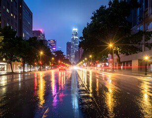 Obraz premium A city street at dusk with wet pavement and blurred traffic lights (2)