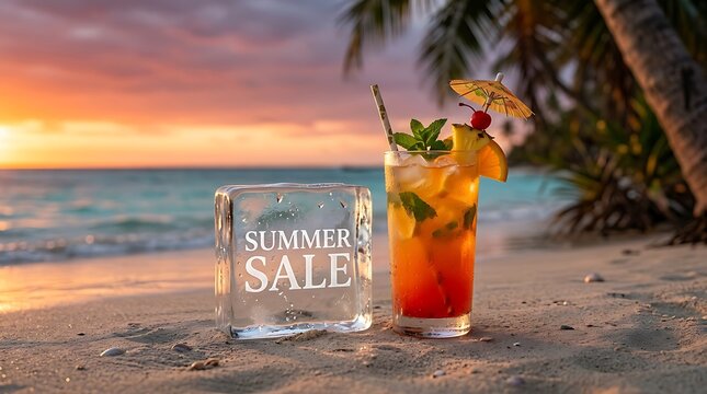 Minuman segar tropis di pantai dengan es bertuliskan summer sale suasana sunset santai dan liburan