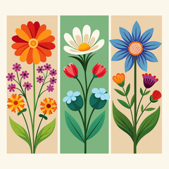 Fototapeta premium Colorful vector illustration showcasing three vertical panels of stylized floral designs