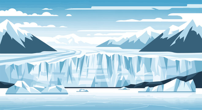 A stylized illustration of a glacier landscape with icebergs