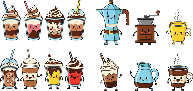 Cute cartoon coffee emoji cup character vector set featuring iced frappes, espresso maker, grinder, and latte mugs for cafe branding, stickers, and social media icons isolated on white background