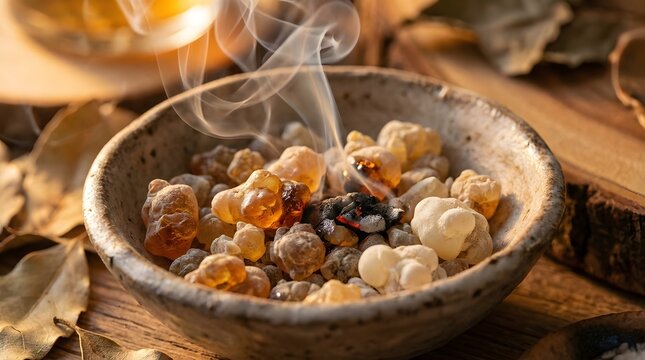 Burning frankincense resin pieces in ceramic bowl with soft aromatic smoke rising.