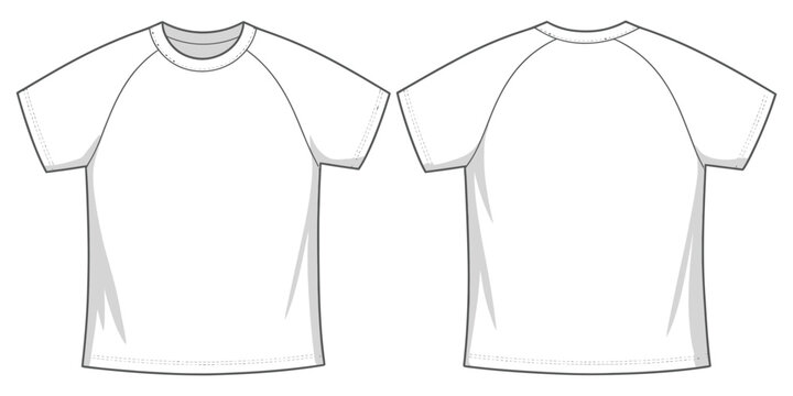 Raglan Baby Tee Technical Fashion Illustration, Slim Fit White Baby Tee Vector Template with Crew Neckline and Short Raglan Sleeves, Front and Back View Ladywear CAD Mockup