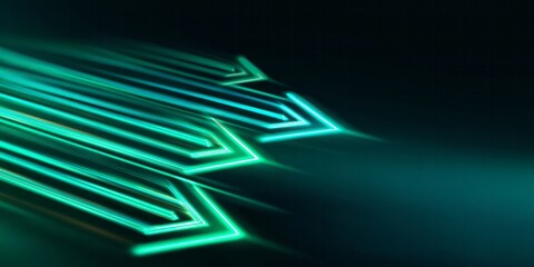 Fototapeta premium Glowing green arrows indicate forward motion on a dark background.