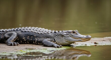 Fototapeta premium alligator resting on riverbank on National Alligator Day