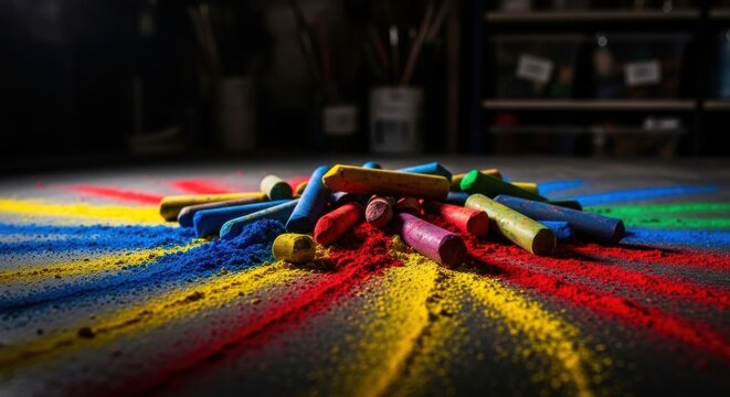 Vibrant chalk pigments and broken pastel sticks scattered across an artist's studio floor