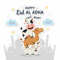 Fototapeta premium Happy Eid Al Adha Celebration With Cute Farm Animals