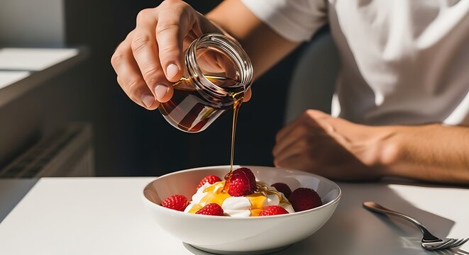 Pria menuangkan sirup madu ke atas mangkuk berisi yogurt dan raspberi yang melambangkan awal hari penuh energi dan kenikmatan sehat.