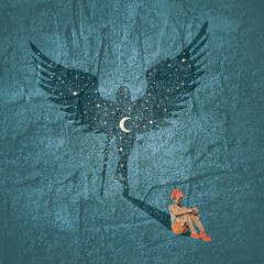 Fototapeta premium Illustration of a beautiful woman sitting on floor. Young attractive woman and her fantasy shadow as woman angel with huge bird wings. Moon and stars.
