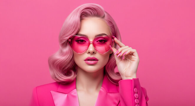 Stylish woman in a pink blazer and matching sunglasses perfectly for conceptualizing bold contemporary fashion and vibrant pop art