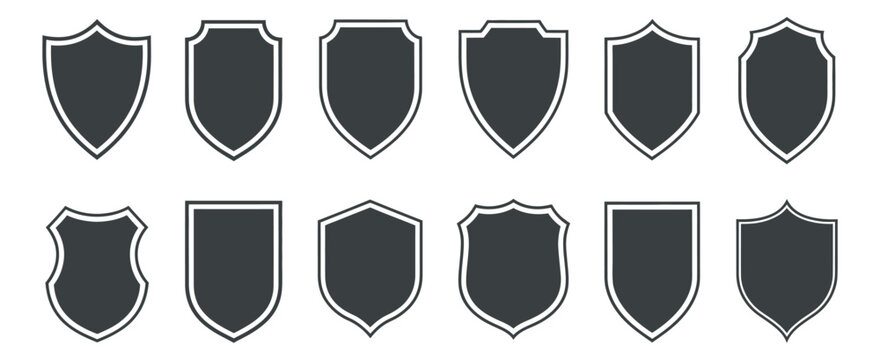 Police badge shape, vector military shield silhouettes, security emblem design, football patch template protection symbol illustration.