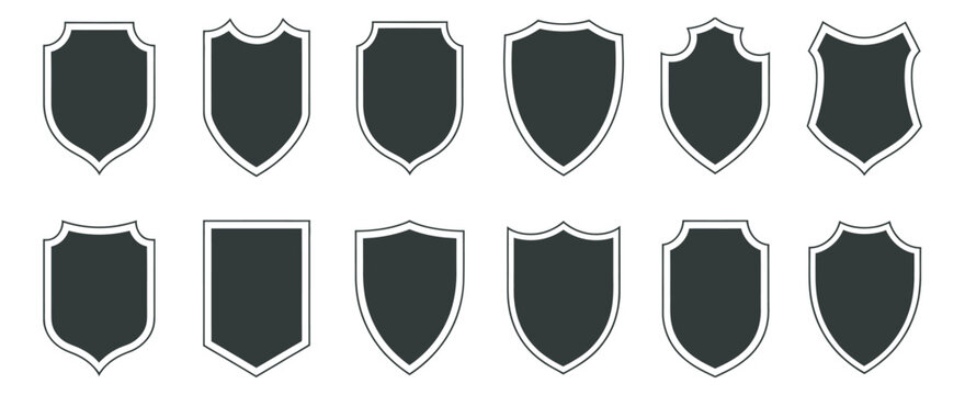 Police badge shape, vector military shield silhouettes, security emblem design, football patch template protection symbol illustration.