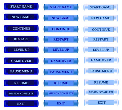 Blue Gradient 3D Glossy Capsule Tube Game UI Button Set with Start Game New Game Continue Restart Level Up Game Over Pause Menu Resume Mission Complete Exit, Rounded Cylindrical Interface Elements 