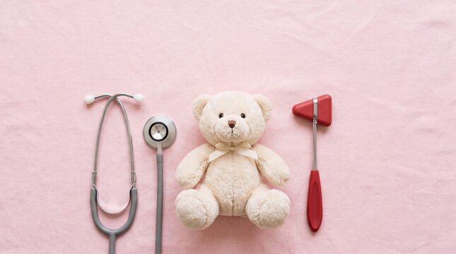 Teddy bear with stethoscope and reflex hammer on pink background, symbolizing pediatric care