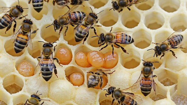 Honeycomb with bees and larvae