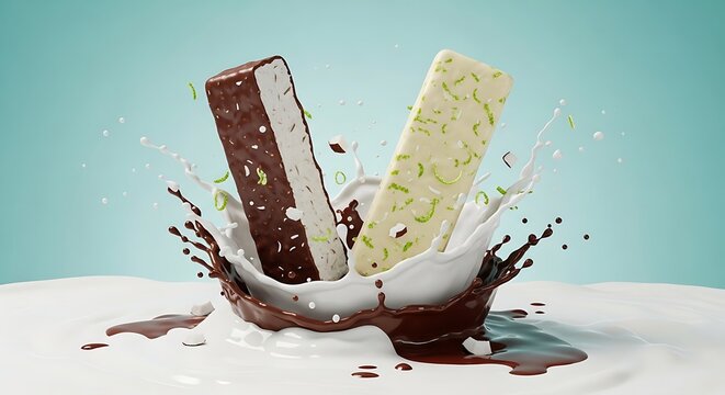 Dua es krim batang jatuh dengan cipratan susu dan cokelat yang melambangkan kesegaran musim panas dan kebebasan menikmati momen manis.