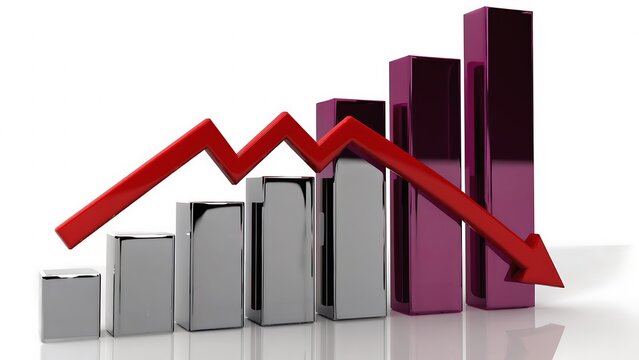 Declining bar chart with red arrow