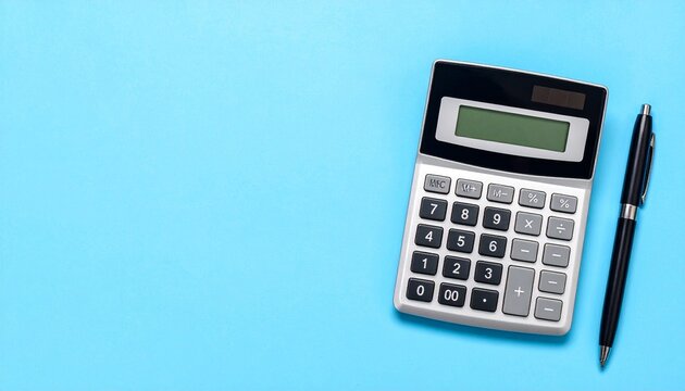 Calculator and pen on bright blue background