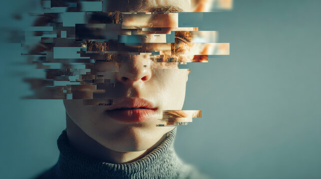 Fragmentation: A portrait of a face undergoing a pixelation effect, symbolizing the breaking down of self, or identity, in a digital age. The subject's expression hints at introspection.