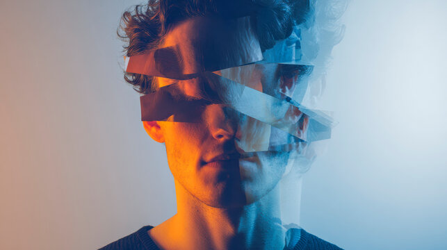 Fragmented Consciousness: A portrait of a person's face, disrupted by abstract layers of color, evoking feelings of disconnection and internal conflict.