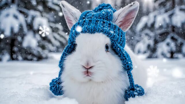 A fluffy white rabbit with blue eyes wearing a blue knitted winter hat sits in the snow while snowflakes fall in a blurred pine forest background during wintertime.
