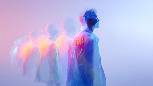 Mysterious journey: A person transitions through stages, with a dreamy, soft aura, symbolizing growth, change, and the evolution of self. The colors evoke emotion and intrigue.