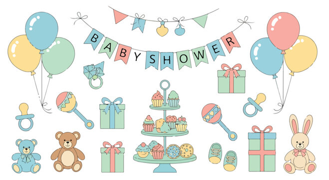Colorful baby shower clip art with gifts
