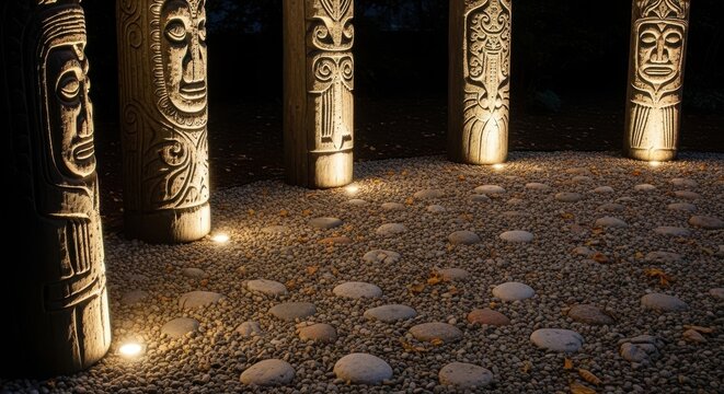 Intricately carved stone totems with symbolic designs illuminated at night amidst a gravel garden path
