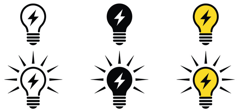 Lamp with lightning icon vector light bulb and thunderbolt sign symbol, creative idea burst electricity power and innovation spark