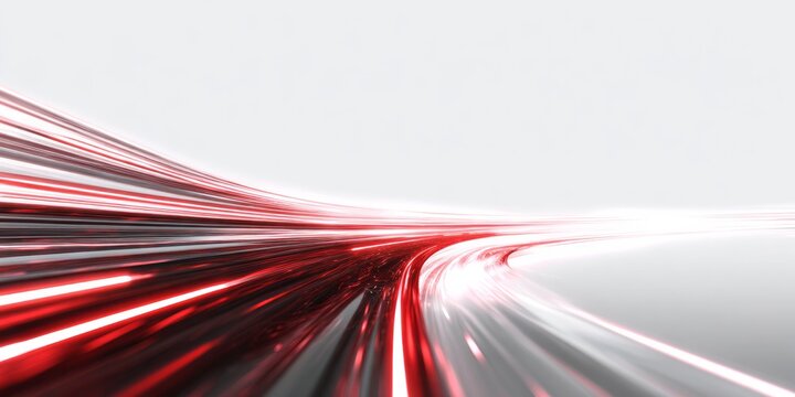 Red light trails accelerate on a curve against a white background.