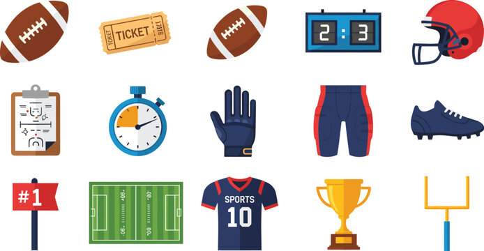 American Football Game Collection with Ball, Helmet, and Gear Icons