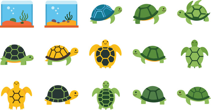 Set of Turtle and Aquarium Icons with Different Sea Turtles, Shell Variations, and Underwater Tank Scenes for Marine Life and Nature Design Concepts