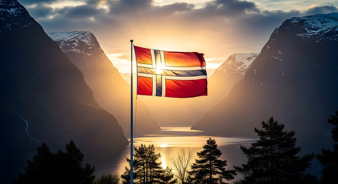 Sun Rays Through Norwegian Flag Cinematic Scene