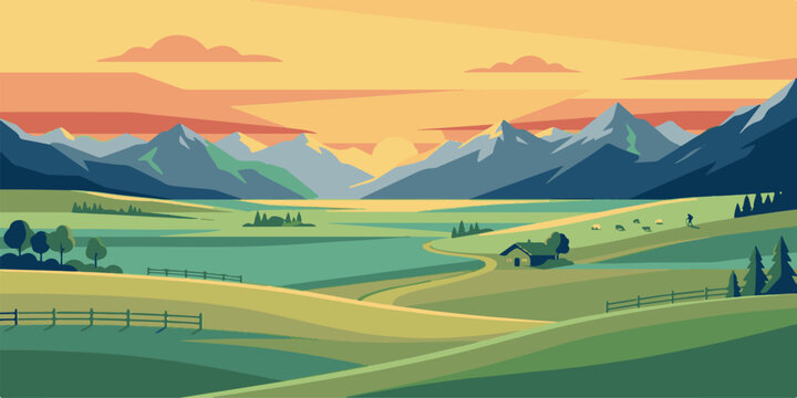 A panoramic summer view of a green mountain valley featuring rolling hills and grassy meadows under a bright sun and cloudy sky