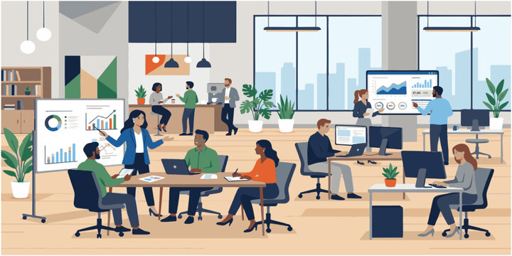 A group of business people including a woman and businessman sitting at a table in a cafe and office for a teamwork discussion and professional meeting presentation
