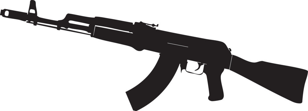 black and white vector illustration of various firearms including pistol rifle shotgun sniper and machine gun isolated on white background
